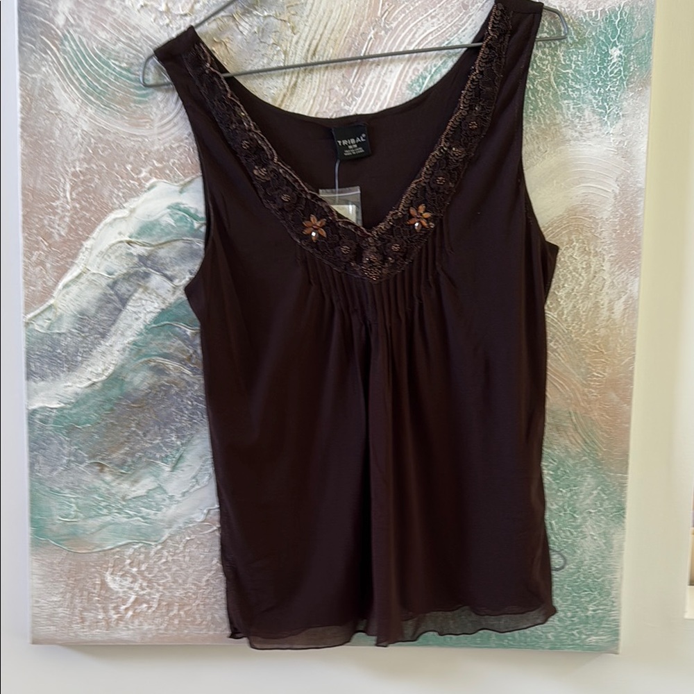 Tribal Brown Sleeveless Embellished Blouse